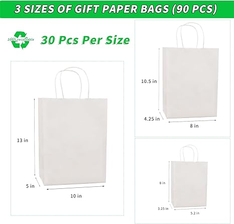 FACEBAG 90-Pack White Kraft Paper Bags with Handles Bulk, Assorted Sizes Gift Bags for Favors Grocery，Retail，Party，Festival，Wedding，Birthday，Shopping，Business，Goody Craft Merchandise Take Out Sacks