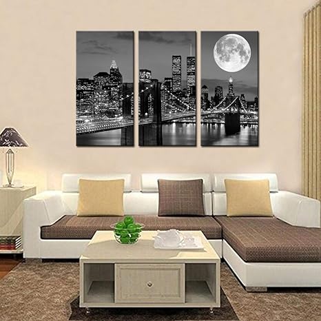 Biuteawal New York Skyline Wall Art Brooklyn Bridge Moon Night View Picture Canvas Print Black and White City Artwork Painting Modern Home Office Living Room Decoration