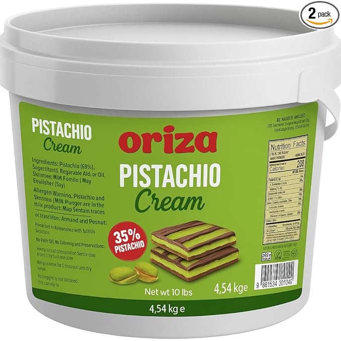 Oriza Pistachio Cream, 10lbs Pail (Pack of 2) – Premium Bakery Spread with 35% Pistachios, Palm Oil Free, Non-GMO – Ideal for Pastries, Gelato, Cakes & Dessert Filling