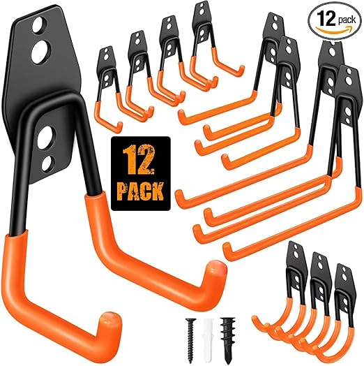 Garage Hooks Pack of 12, Garage Storage System Hooks for Hanging Ladders, Bicycles, Power Tools and More Tools
