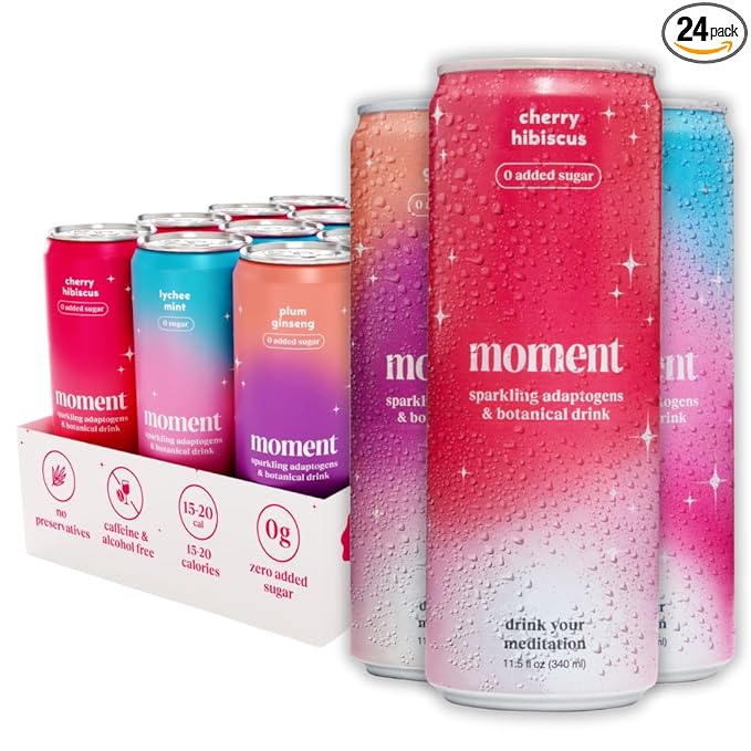 Moment Mocktails Non Alcoholic Drinks (Shark Tank) | SPARKLING Classics Adaptogen Drink | L-Theanine & Ashwagandha for Calm & Clarity | 0 Added Sugar 0 Caffeine | 24-pack