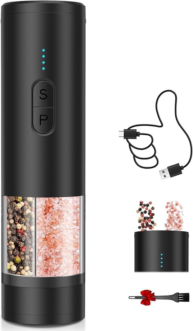 2 in 1 Electric Salt and Pepper Grinder Set, USB Rechargeable, Automatic Salt and Pepper Mill Shakers with LED Light, Battery Display, Adjustable Coarseness, Ideal for Kitchen Outdoor BBQ Gift