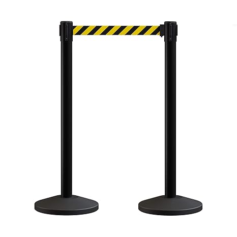 Crowd Control Warehouse CCW Series RBB-100 - Set of 2 Stanchions with Retractable Belts - 11 Foot Black/Yellow Belt, Black Post - Crowd Control Barriers