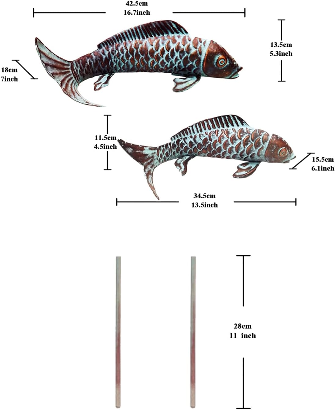 Set of 2 Koi Fish Decor Outdoor Statues Sculptures Antique Copper Garden Pond Fishes Art Metal Koi Fish Statue Outside Garden Décor Ornaments for Outdoors,Patio,Yard,Lawn,Pond,Home Decorations