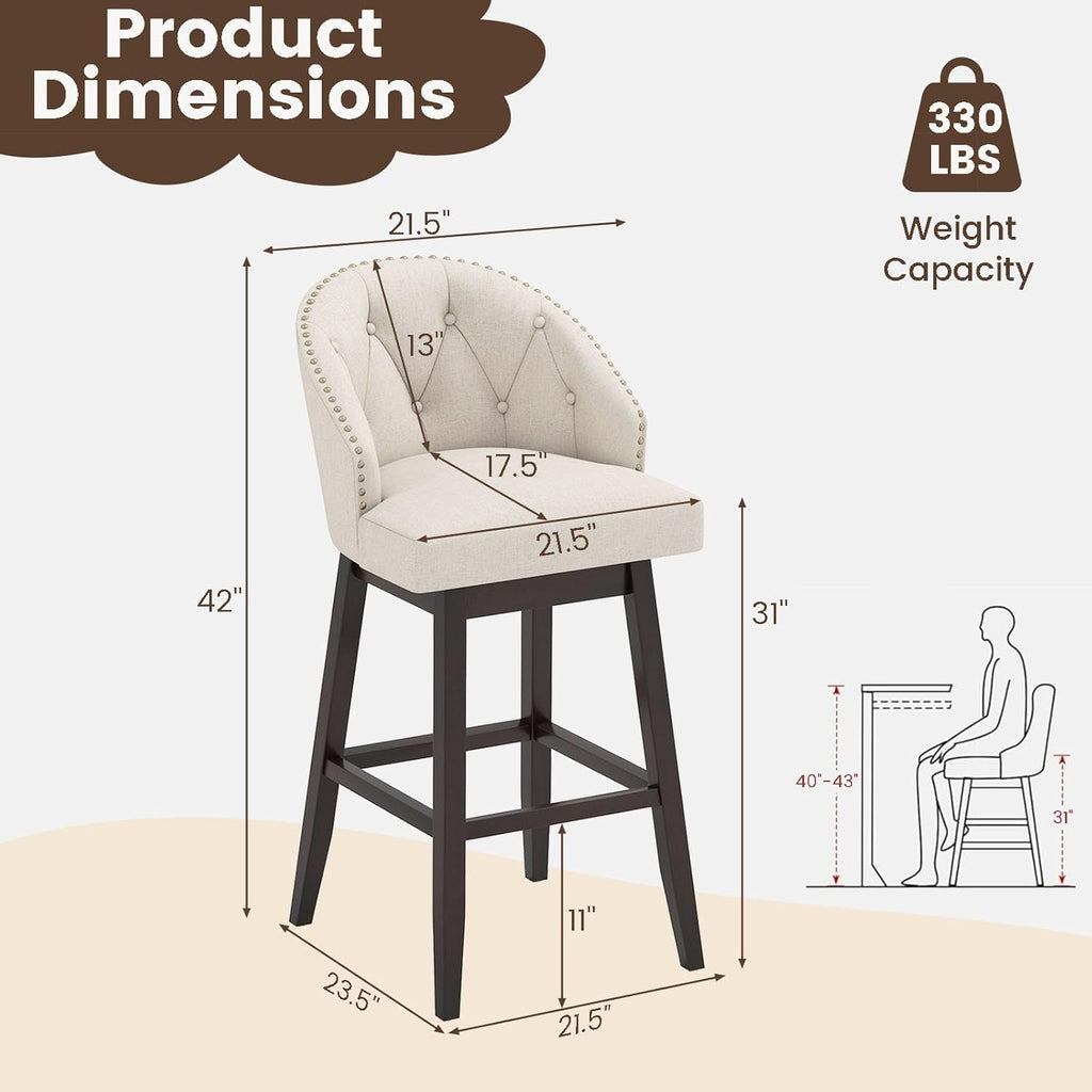 Giantex Modern Upholstered Bar Stools Set of 2, 31" Bar Height Swivel Kitchen Stools w/Button-Tufted Back, Rubber Wood Frame, Rivet Decoration, Linen Fabric Barstools for Counter Island, Cafe, Beige