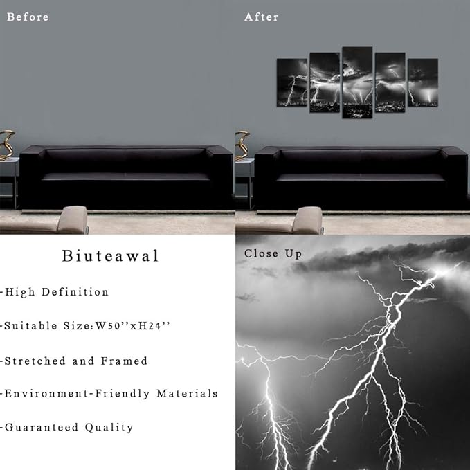 Biuteawal - Black and White Wall Art Nature Lightning Strikes in The Clouds Painting on Canvas Storm and City Night View Picture Print for Home Office Living Room Decoration Wall Decor