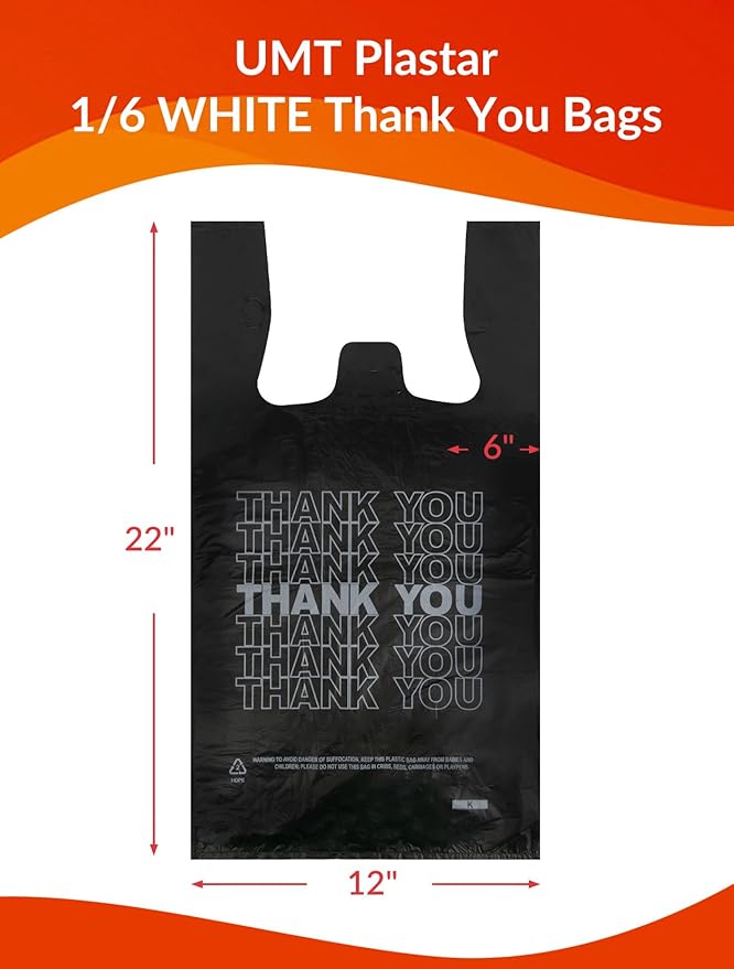 300 Count Thank You Plastic Bags, 12" x 6" x 22", 15 Mic Black Grocery Bags with Handles, Ideal for Restaurants, Retail, Grocery Stores, Takeout, Convenience Stores