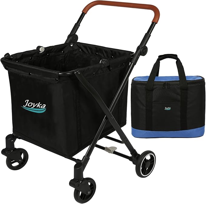 Foldable Shopping Cart 85 Liters Grocery Cart with Cooler Bag Utility Cart Shopping Trolleys with Larger Capacity Rolling Front Swivel Wheels Adjustable for Office Picnic Groceries Laundry