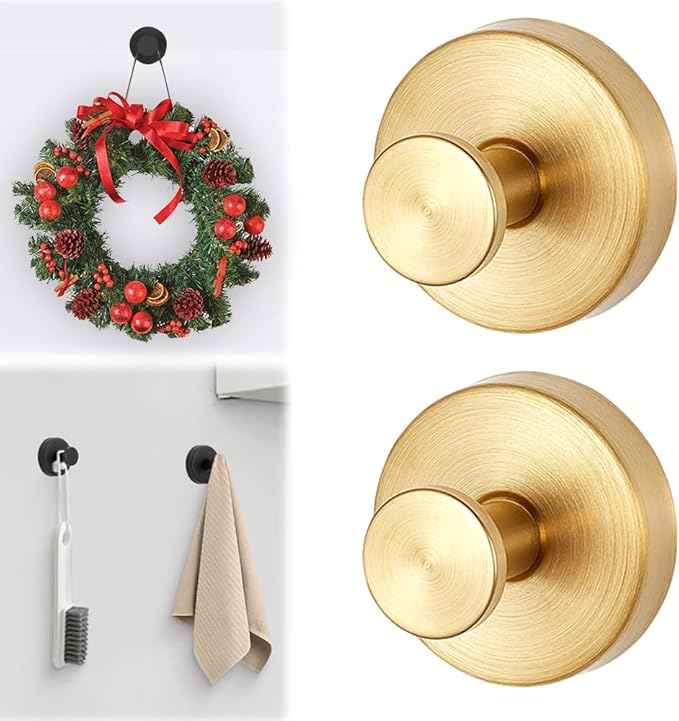 Suction Cup Hooks - 2025 Upgraded Stainless Steel Heavy Duty No Drill Hooks for Wreaths on Glass, Shower Towels & Front Door (2, Gold)