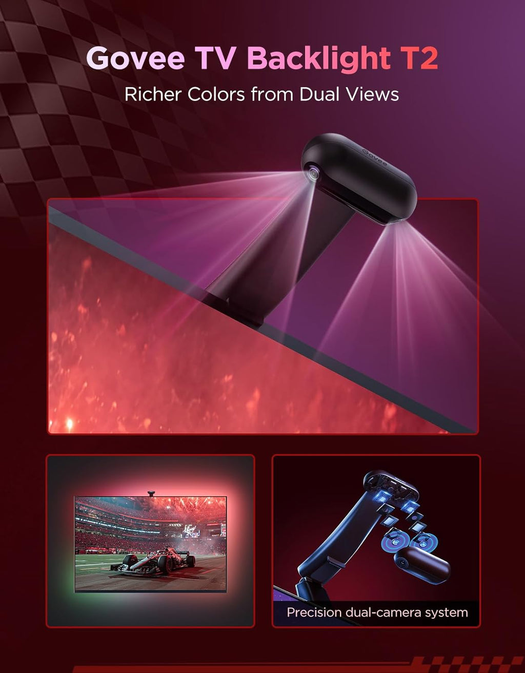 Govee Envisual TV LED Backlight T2 with Dual Cameras, 11.8ft RGBIC Wi-Fi LED Strip Lights for 55-65 inch TVs, Double Strip Light Beads, for Home Decorations, Smart App Control, Music Sync