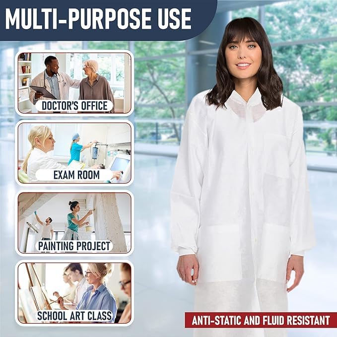 Case of 50 Disposable Lab Coats - Blue - With 3 Pockets and Soft Knit Cuffs & Collar | SMS Unisex Knee Length Medical Lab Jacket, For Hospitals, Pharmacies, Laboratories, Dental Clinics - Extra Large