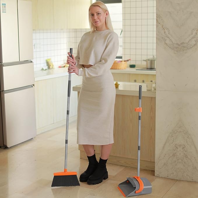 Broom and Dustpan Set for Home, Broom and Dustpan Combo for Office, Long Handle Broom with Upright Standing Dust pan,Indoor&Outdoor Sweeping (Gray&Orange)