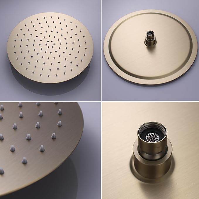 12Inch Brushed Gold Ceiling Shower System & 8Inch Wall-Mount Shower Faucet Set, 2 in 1 Handheld with Adjustable Slide Bar Included Temperature Display Valve and Trim Kit Can Work At Once