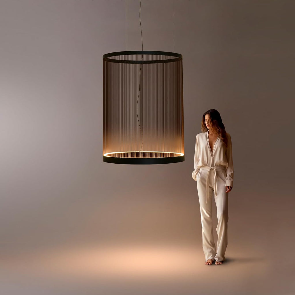 HEYAN 21.6 inch Boho Large Pendant Light - Hand Woven Thread Chandelier with Industrial Metal Rings, Technically-Processed Weave Ceiling Fixture for Living Room Dining Room Hotel Decoration