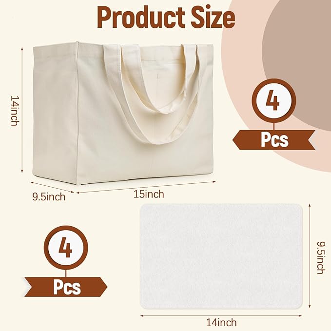 Lzerking Canvas Tote Bag 4 Pack, Heavy Duty Reusable Grocery Bag with Pockets and Felt Base Shaper, 14x15x9.5 Inches Large Shopping Bags with Long Shoulder Strap and Short Handle