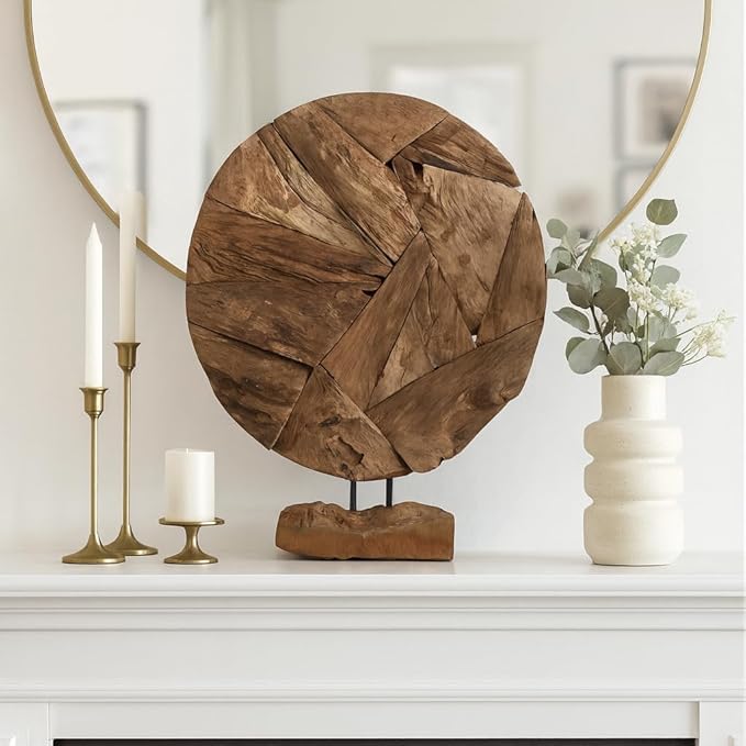 Decorative Home and Office Sculpture – Artistic Round Wooden Accent Perfect for Living Room, Bathroom, and Coffee Table Decor – Unique Rustic Home Statue and Ornament for Shelf Display – 24" Brown