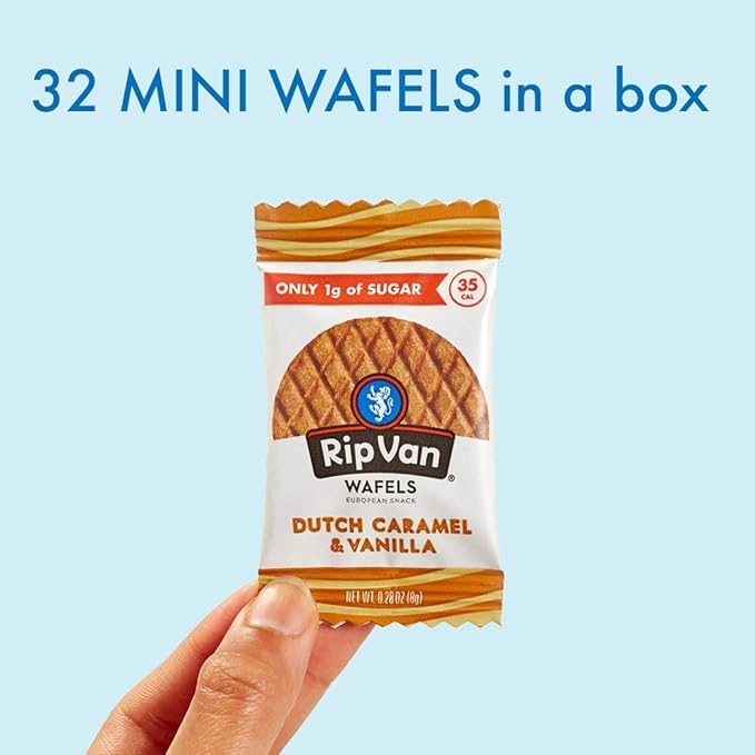 Rip Van Wafels Dutch Caramel & Vanilla Mini Stroopwafels - Low Carb Snacks (3g Net Carbs) - Non GMO Snack - Keto Friendly - Office Snacks - Low Calorie Snack (35 Calories) - Low Sugar (1g) - 128 Count