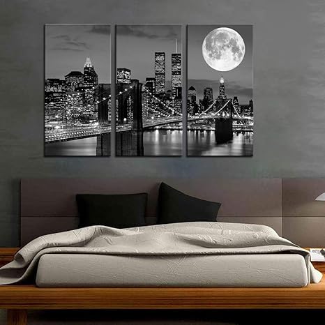 Biuteawal New York Skyline Wall Art Brooklyn Bridge Moon Night View Picture Canvas Print Black and White City Artwork Painting Modern Home Office Living Room Decoration