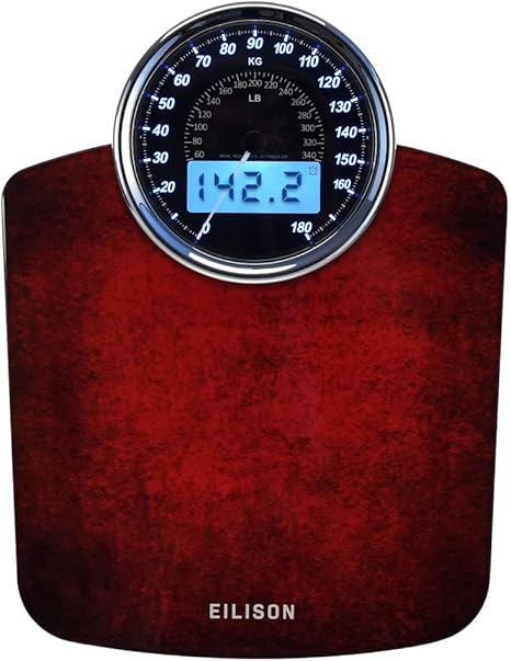 EILISON Highly Advance 2-in-1 Digital & Analog Weighing Scale for Body Weight-400lbs, 4 High Precison GX Sensor Accurate, Thick Tempered Glass, Extra Large Display (Red)