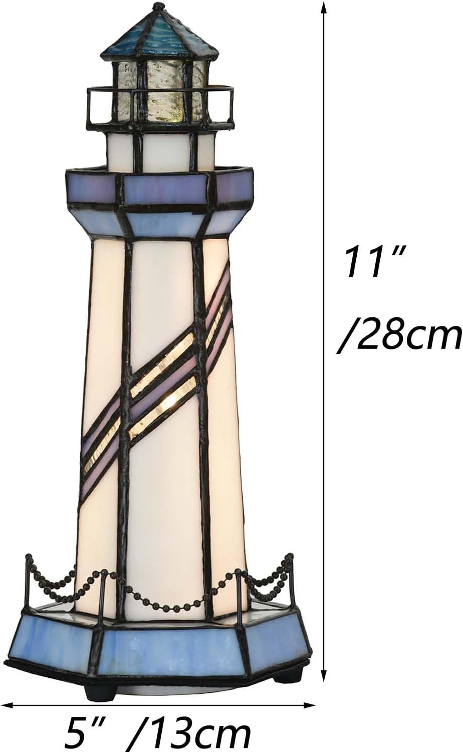 Bieye L10776 Lighthouse Tiffany Style Stained Glass Accent Table Lamp Night Light for Home Decoration (5x5x11, Blue)