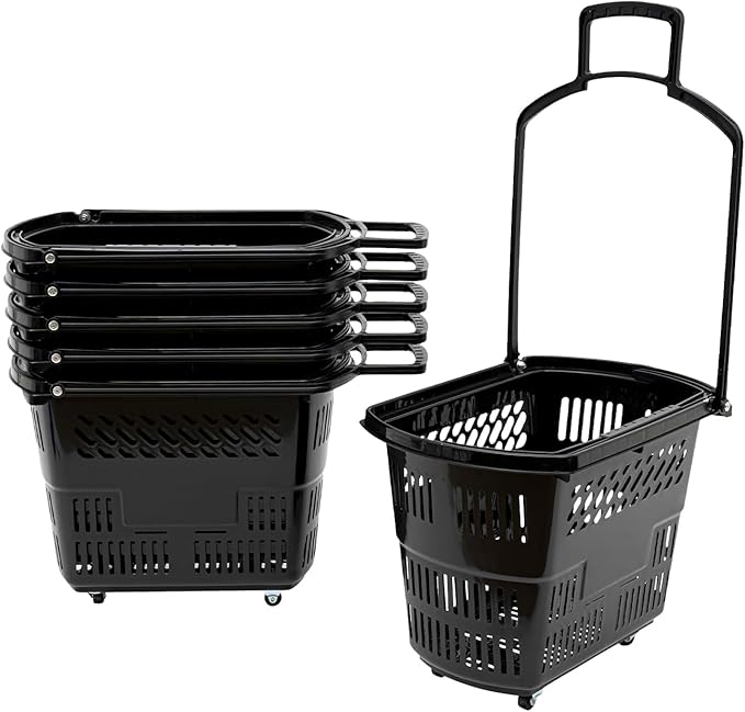 6 Pack Rolling Shopping Baskets with Wheels and Handles – Foldable PP Utility Carts for Groceries, Laundry, Supermarket, Camping – Black