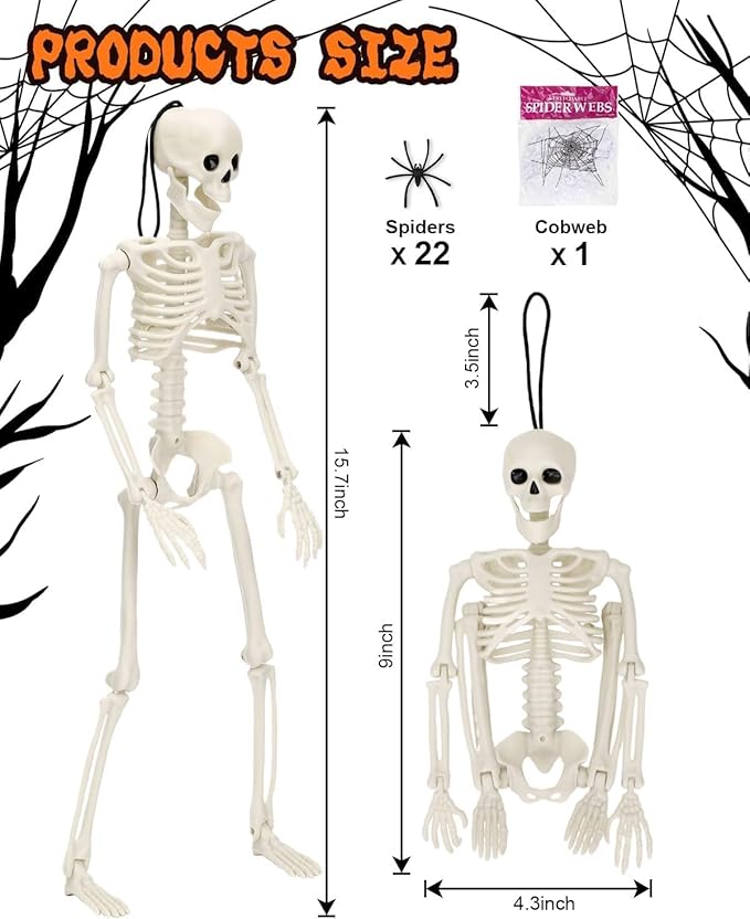 5 Pack Posable Skeleton Halloween Decorations, 16in Halloween Skeleton Decor- Full Body Movable Joints with 22 Spiders & Cobweb, Outdoor/Indoor Scary Party Graveyard Props Hanging Skeletons