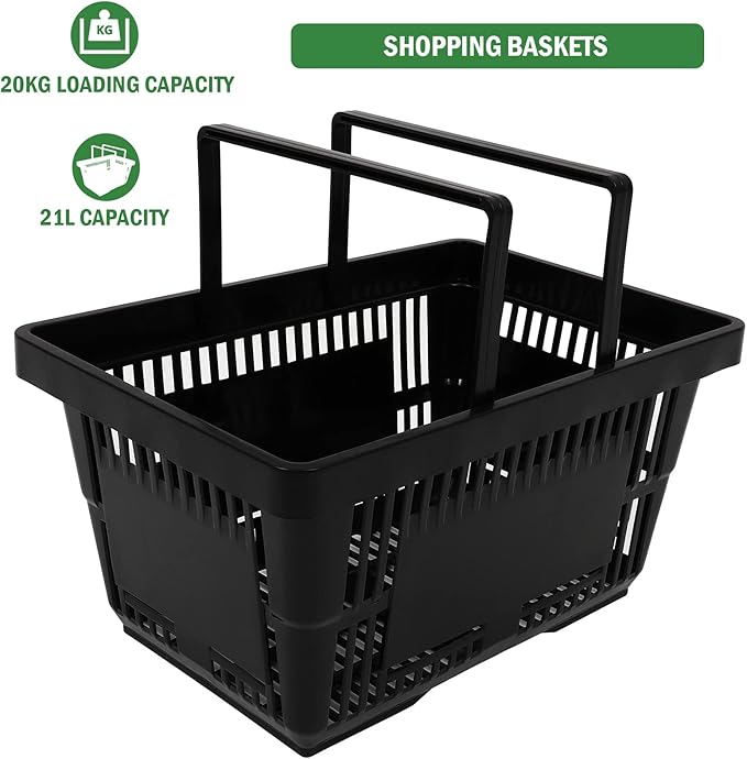 12PCS Shopping Baskets with Handles, 21L Durable Plastic Shopping Cart, Portable Grocery Basket for Supermarket Retail Shop Book Store Laundry, Black
