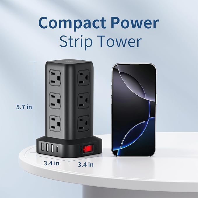 Surge Protector Power Strip 6.5 FT Cord, Power Strip Tower with 4 USB Ports (1USB C), Extension Cord with 12 AC Multiple Outlets, Home Office Supplies Desk Accessories, Dorm Room Essentials