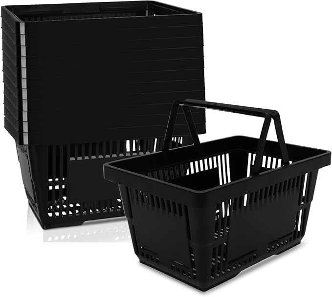 12PCS Shopping Baskets with Handles, 21L Durable Plastic Shopping Cart, Portable Grocery Basket for Supermarket Retail Shop Book Store Laundry, Black
