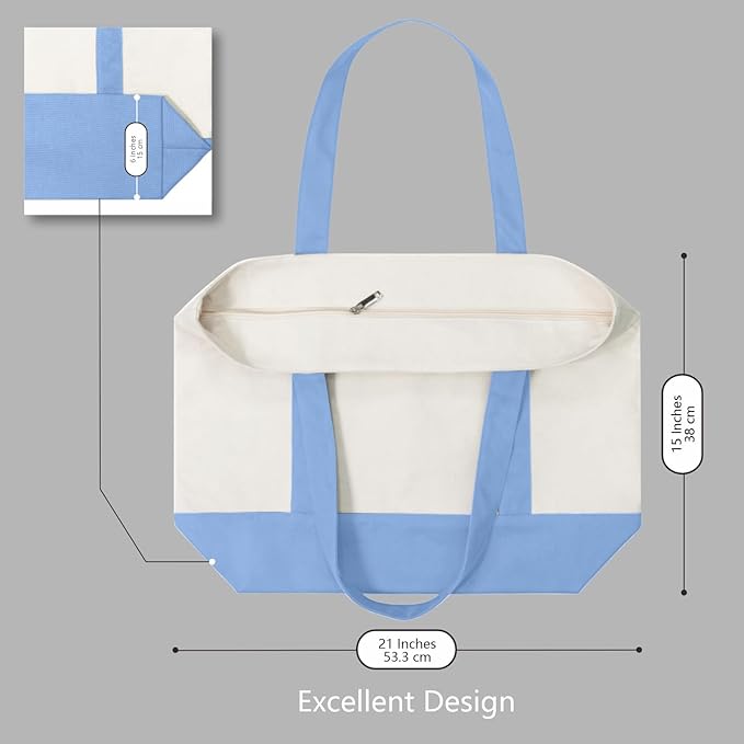 TOPDesign 6-Pack Canvas Tote Bags with an External Pocket, Reusable Grocery Shopping Bags, Top Zipper Closure, Daily Essentials (Light Blue/Natural)