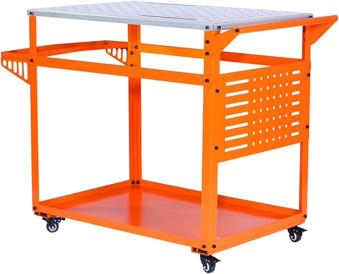 Welding Table: 35"x24" Welding Workbench with 2000LB Load Capacity, Lockable Casters with Brakes, Tool Tray, Tool Slots & 4/5" Fixture Holes