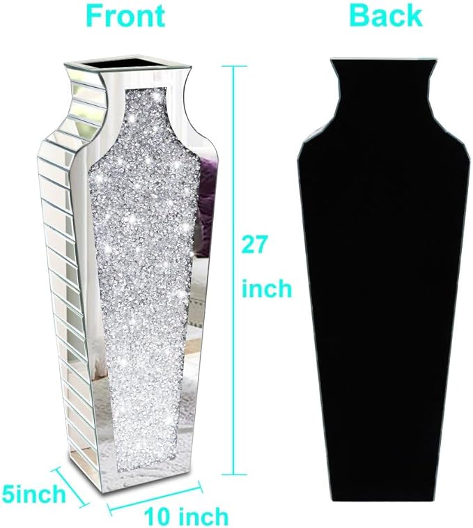 Floor Crushed Diamond Mirrored Vase 27" Tall, Crystal Silver Glass Decorative Mirror Large Size Luxury for Home Decor. Can't Hold Water.