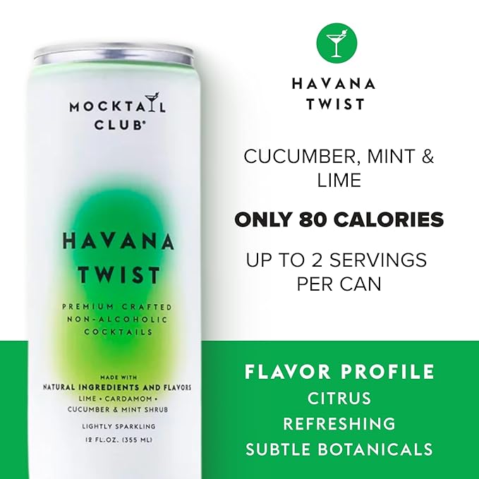 Mocktail Club Havana Twist Non-Alcoholic Sparkling Craft Cocktail - 12x12 Oz Cans | 80 Calories, Non-GMO, No Artificial Ingredients, Gluten Free, Vegan | Lime, Cucumber & Mint Shrub with Cardamom