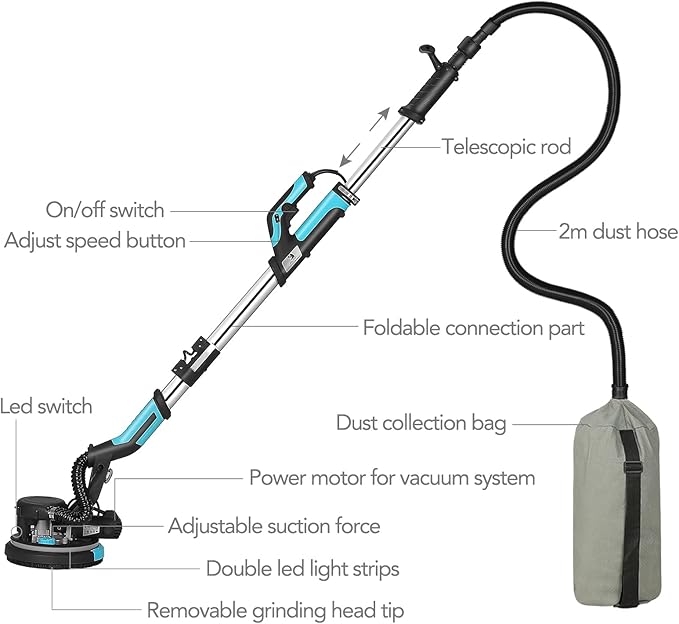 Drywall Sander, 750W 6.5A Electric Wall Pole Sander with Vacuum Dust Collection LED Light 7 Speed Settings 900-1800RPM Popcorn Ceiling Removal Tool Sandingpaper