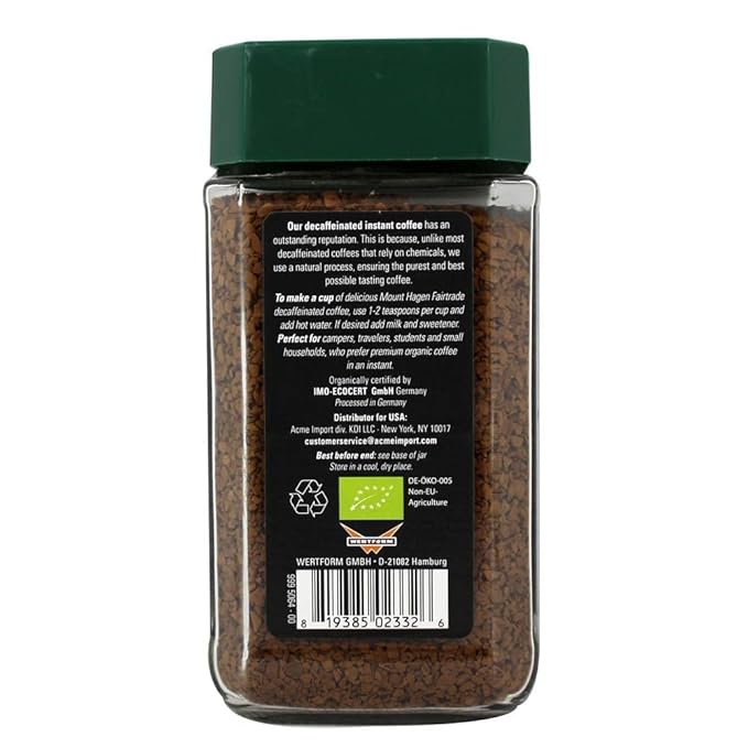 Mount Hagen 3.53oz Organic Freeze Dried Instant Decaf Coffee-12 Pack | Eco-friendly, Fair-Trade Decaf Coffee Made From Organic Medium Roast Arabica Beans [12x 3.53oz Jar]