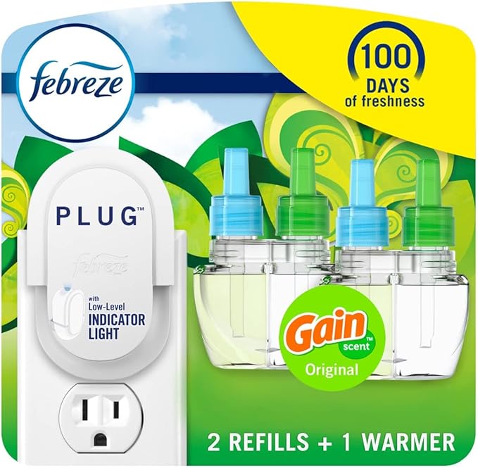 Febreze Plug In Air Freshener, Odor-Fighting Scented Oil Starter Kit, Air Fresheners for Home and Bathroom and Kitchen, Long Lasting for Strong Odors, Gain Original Scent, Warmer + 2 Refill