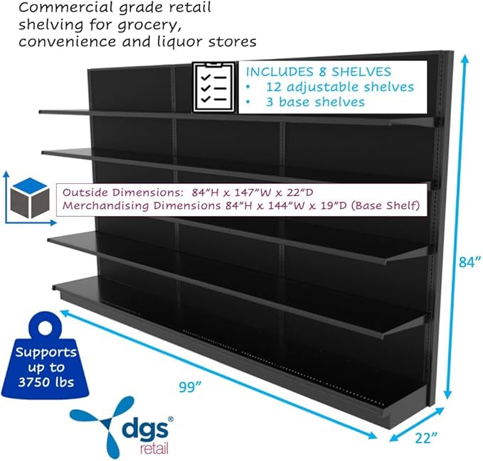 Gondola Retail Shelving Wall Display with 15 Shelves Black Single Sided 144”W x 84”H x 19”D for Retail Convenience Grocery Office Supply or Liquor Stores, Industrial Grade Made in USA