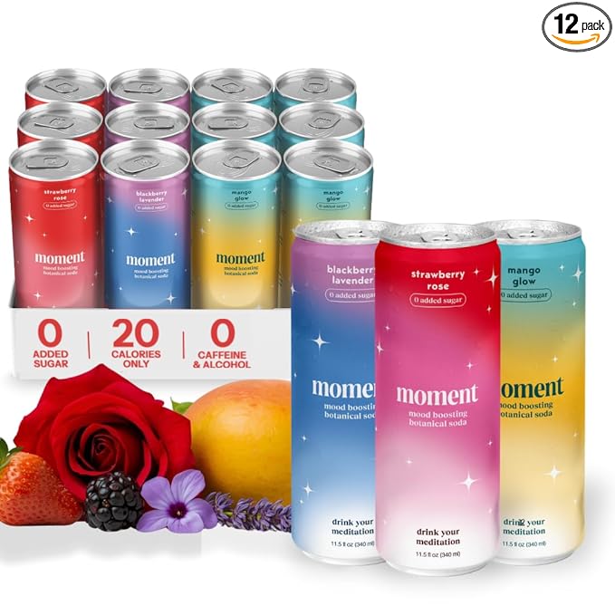 Moment Botanical Soda Soft Drink (Shark Tank) - SPARKLING Drinks | Fruity Fun | L-Theanine & Ashwagandha for Calm & Clarity | 0 Added Sugar 0 Caffeine | 12-pack