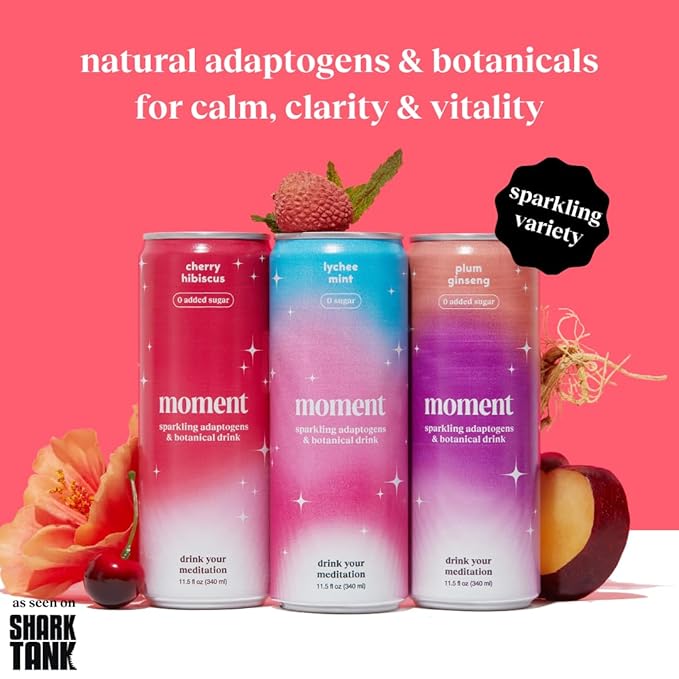 Moment Mocktails Non Alcoholic Drinks (Shark Tank) | SPARKLING Classics Adaptogen Drink | L-Theanine & Ashwagandha for Calm & Clarity | 0 Added Sugar 0 Caffeine | 24-pack