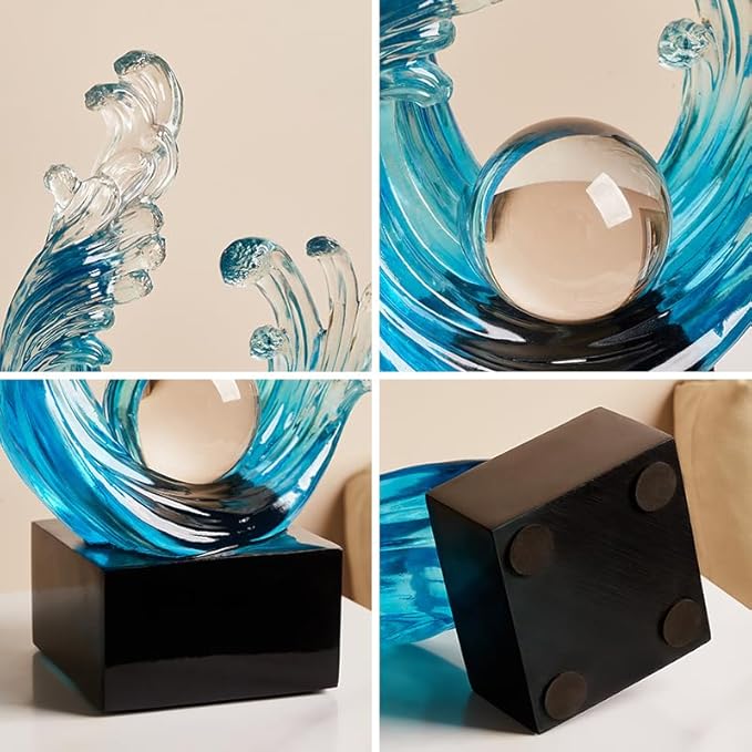 Modern Abstract Decorative Style Statue, Blue Abstract Art Home Decor,Crystal Circular Art Wave Resin Sculpture, Office Desk Stand, Dining Table Center Decorative Aesthetics (A,Light-Blue)