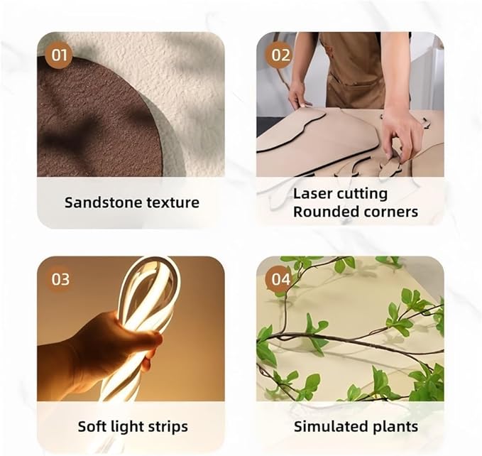 3D LED Wall Art with Light – Sandstone Wall Decor with Remote, Warm LED for Living Room & Entryway, Modern Textured 3D Art with Faux Greenery & Vase