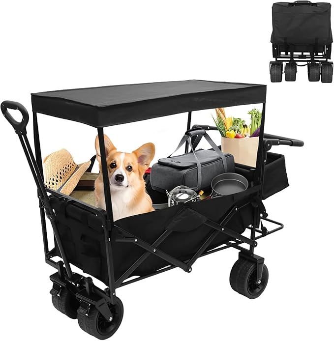 Nice C Collapsible Wagons Carts Foldable, Push Wagon, Stroller Wagons, Wagon with Canopy, Grocery Cart on Wheels, 42.5'' L Up to 440LBS, All-Terrain Wheels with Handle&Push Bar (Stroller, Black)