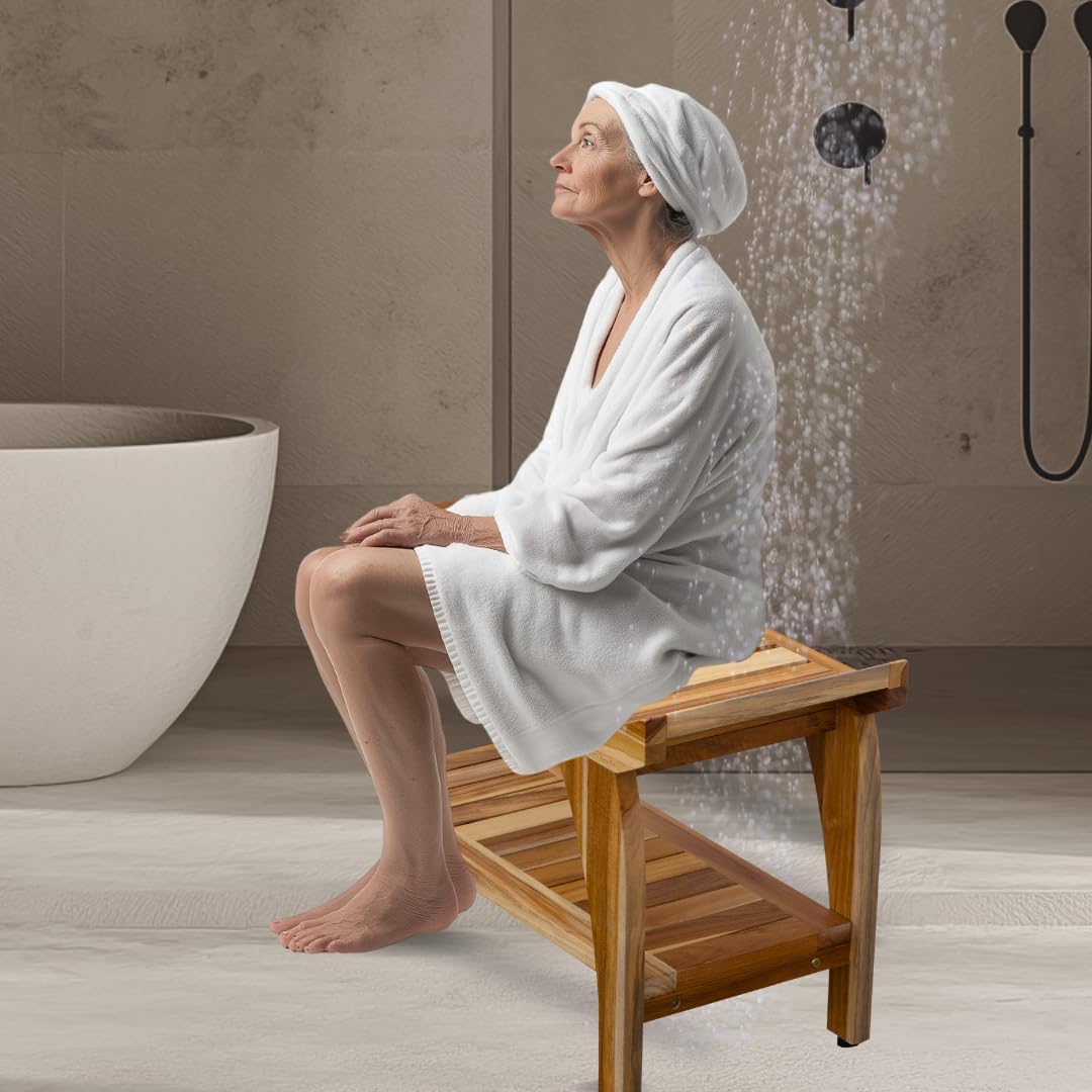 EcoDecors 24 Inch Tranquility Natural Color Waterproof Teak Wood Shower Bench Stool Seat Chair For Inside Shower Storage Shelf Provides Safety, Storage, and Organization For Bathroom Accessories