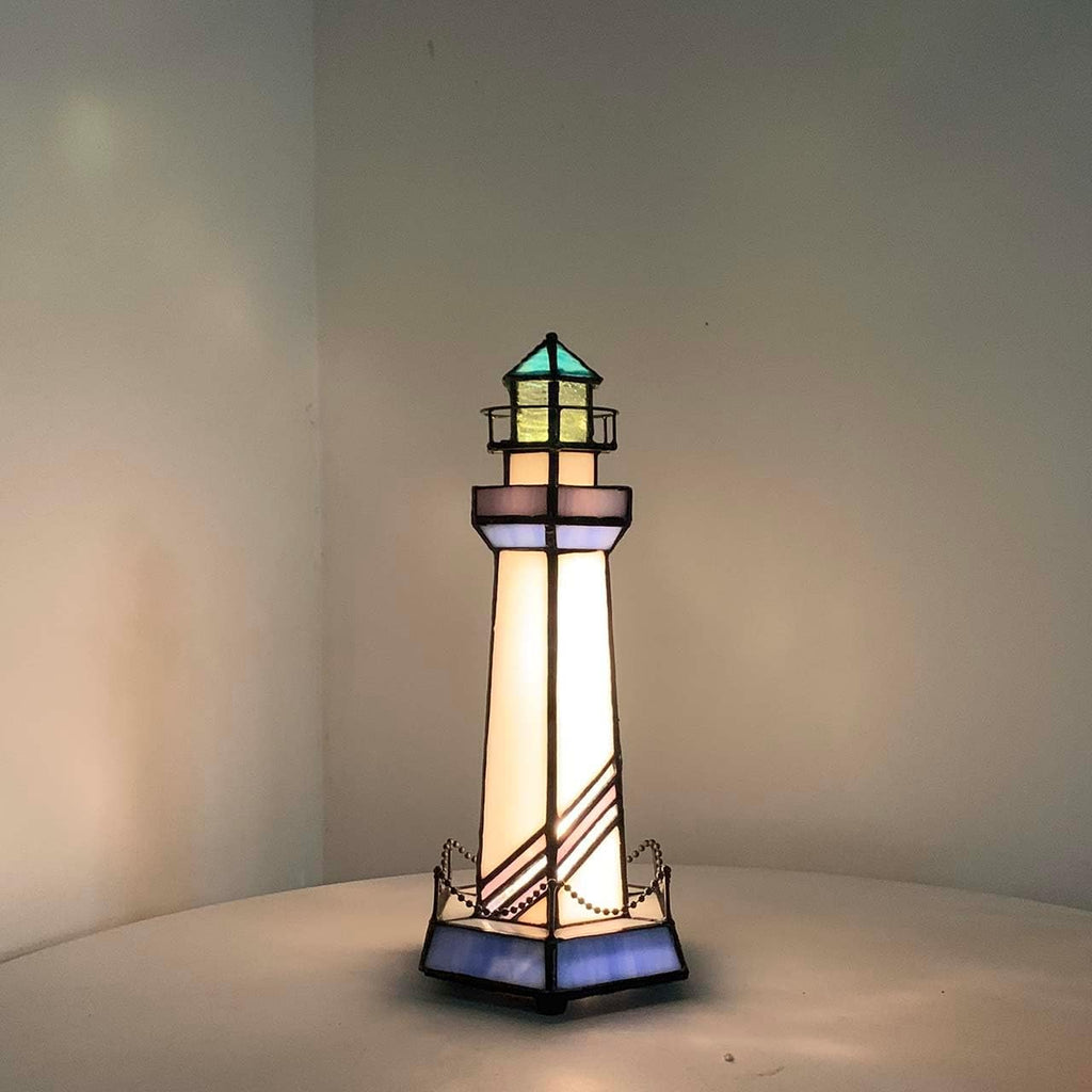 Bieye L10776 Lighthouse Tiffany Style Stained Glass Accent Table Lamp Night Light for Home Decoration (5x5x11, Blue)