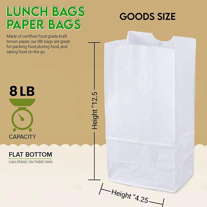 8lb White Paper Bags - Lunch, Craft & Grocery Bags - Pack of 500