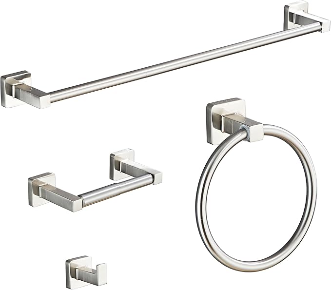 Brushed Nickel Bathroom Hardware Set 4 Pieces,Bathroom Accessories Set Stainless Steel Wall Mounted, Hand Towel Bar, Towel Ring, Robe Towel Hooks,Toilet Paper Holder,Towel Bar Set, 23.6 Inch…