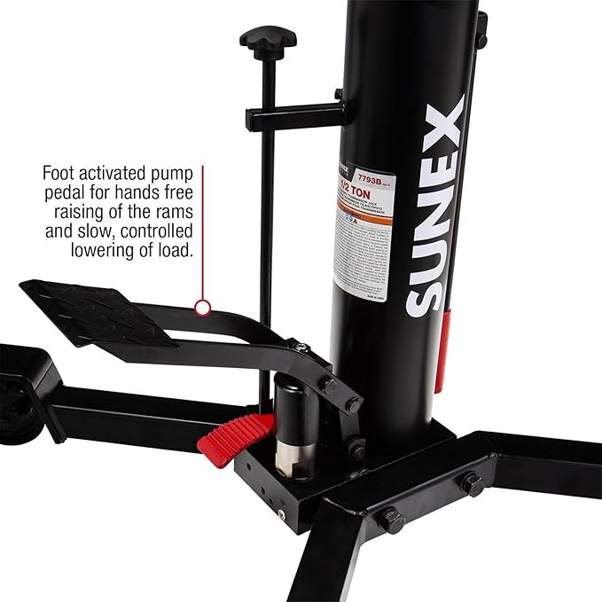 Sunex Tools 7793B 1,000 lb Telescopic Transmission Jack, Hydraulic, Foot Pump Operated, Tilt Saddle with Chain Tie-Down, 74.2 in Max Height