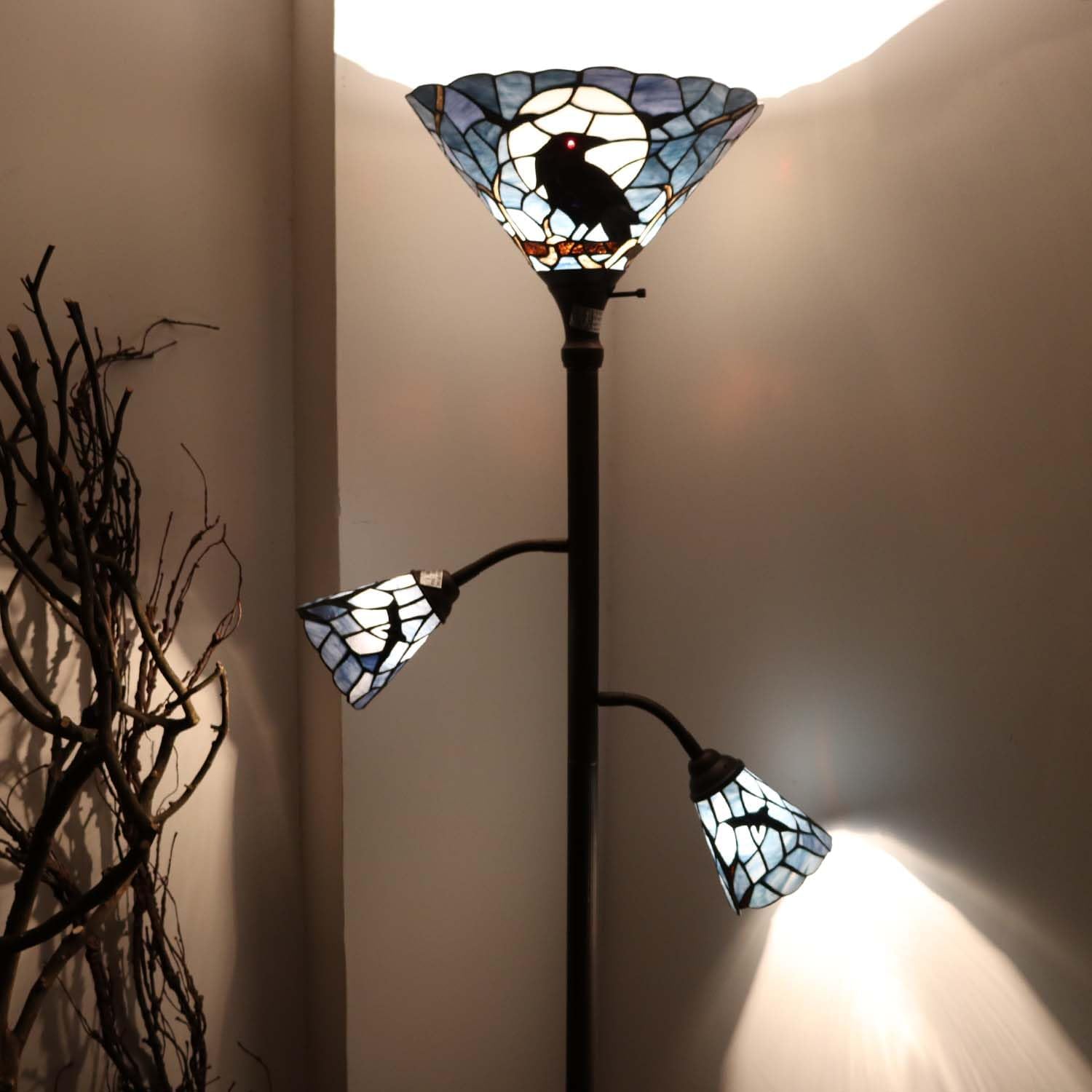 Bieye L10957 Raven Sitting on Bare Tree Branch in Full Moon Night Tiffany Style Stained Glass Torchiere Floor Lamp with Sidelights for Reading Home Decor, 70-inches Tall (Dark Blue)