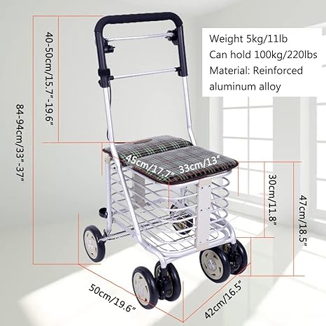 Foldable Shopping Cart for Elderly, Walker Rollator with Seat, Brake, Foam Handle & Storage Basket, Grocery Cart for Seniors, Holds 100Kg/220Lbs