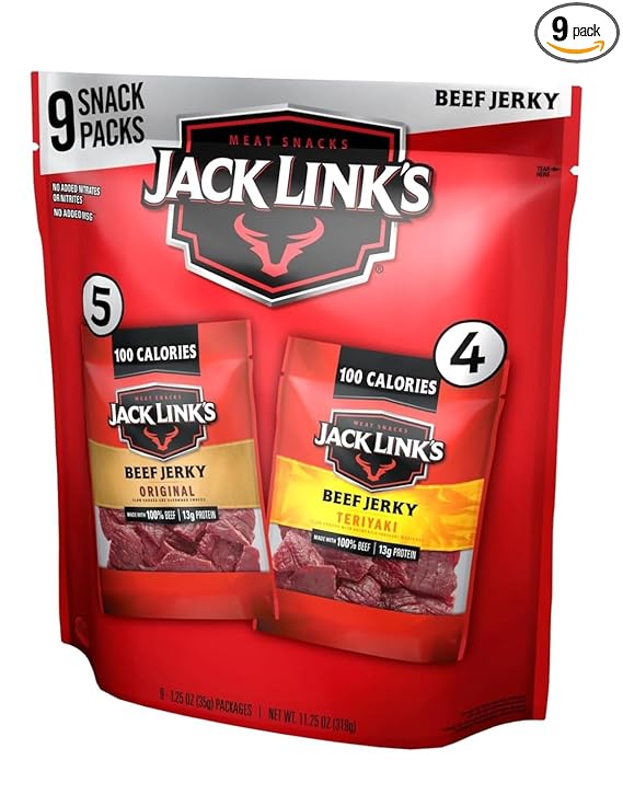 Jack Link's Beef Jerky Variety Pack - Includes Original and Teriyaki Jerky, Bulk Protein Snack Pack, Good Source of Protein, Meat Snacks Made with 100% Beef, Individual Bags - 1.25 Oz (Pack of 9)